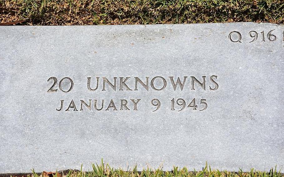 One of the 20 unknown gravestones at the National Memorial Cemetery of the Pacific believed to hold the commingled remains of about 400 prisoners of war who died aboard the Enoura Maru in January 1945.