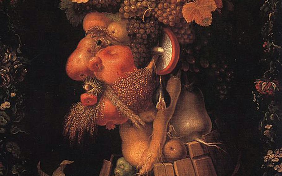 The restaurant Arcimboldo in the center of Sirmione, Italy, takes its name from Italian Renaissance artist Giuseppe Archimboldo. His fanciful paintings of heads, often of royalty, used fruits, vegetables, fish and other material. This is his work ''Autumn.''