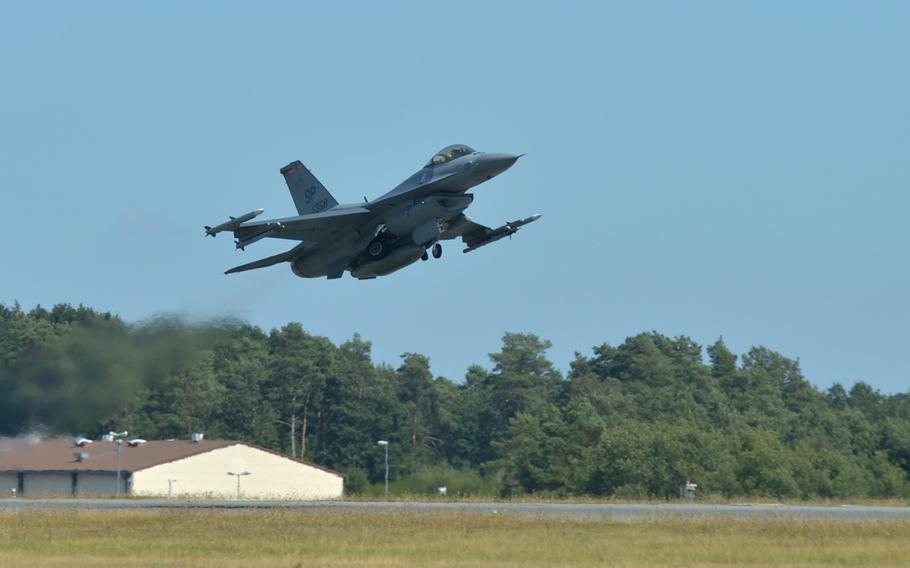 A Spangdahlem Air Base, Germany-based F-16 Fighting Falcon of the 480th Fighter Squadron takes off from the base, Thursday, Aug. 16, 2018.