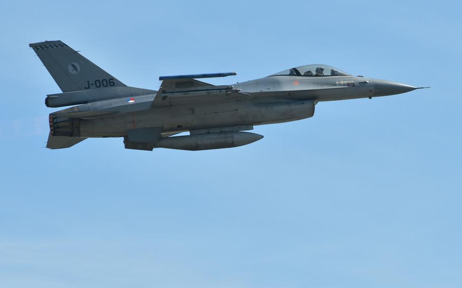 A Dutch air force F-16 takes off from Spangdahlem Air Base, Germany, Thursday, Aug. 16, 2018. The Dutch aircraft was training with U.S. Air Force planes from the base.