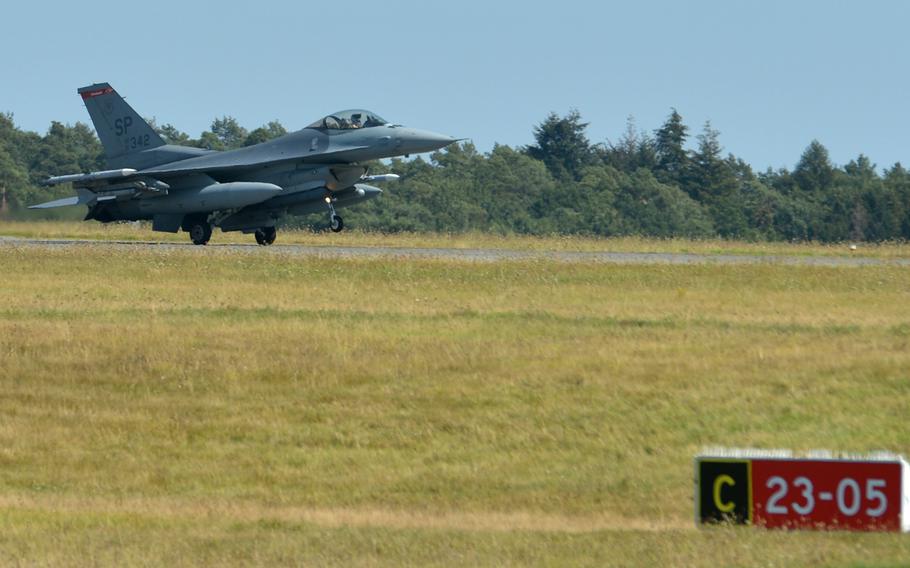 A Spangdahlem Air Base, Germany-based F-16 Fighting Falcon comes in for a landing at the air base after a mission, Thursday, Aug. 16, 2018.