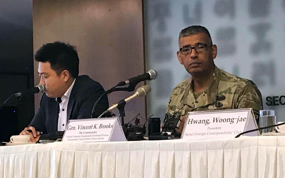 Gen. Vincent Brooks, leader of U.S. Forces Korea, the United Nations Command and the Combined Forces Command, attends a press conference at the Seoul Foreign Correspondents' Club, Wednesday, Aug. 22, 2018.