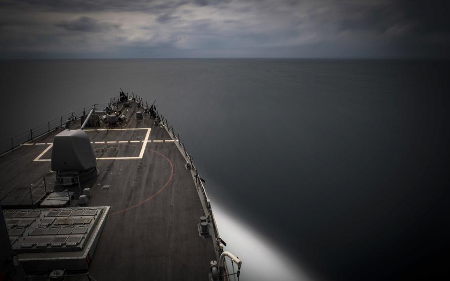 The guided-missile destroyer USS Carney transits the Black Sea on Wednesday, Aug. 22, 2018.