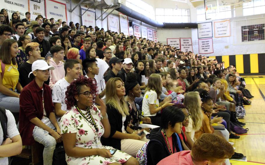 Students gather for a pep rally-style welcome at Kadena High School on Okinawa, Japan, Monday, Aug. 27, 2018.