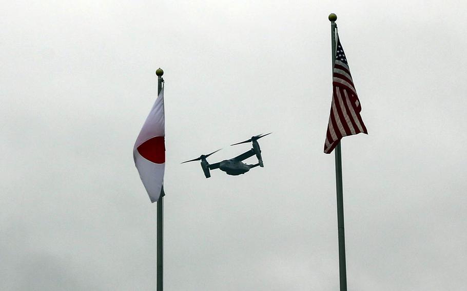 A V-22 Osprey assigned to Marine Medium Tiltrotor Squadron 262 takes off from Camp Fuji, Japan, April 27, 2017.