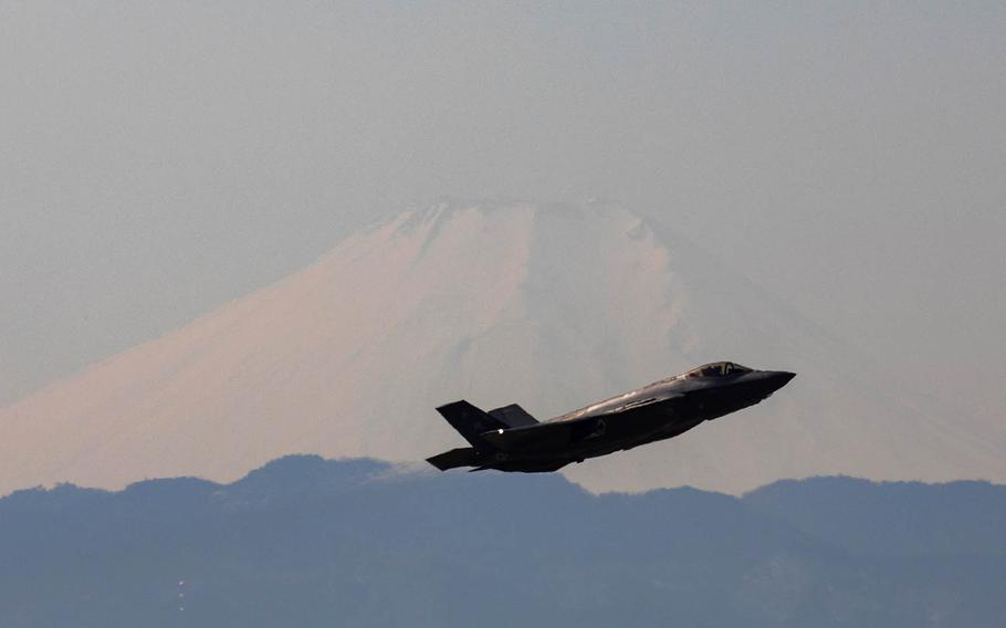 An Air Force F-35A Lightning II assigned to the 34th Fighter Squadron departs Yokota Air Base, Japan, Feb. 9, 2018.