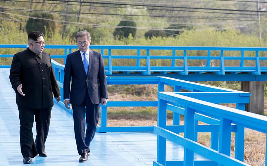 North Korean leader Kim Jong Un, left, and South Korean President Moon Jae-in meet this past spring in the Demilitarized Zone.
