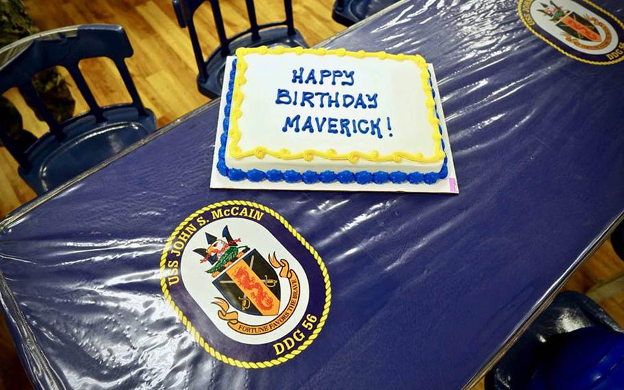 The crew of the guided-missile destroyer USS John S. McCain celebrated what would have been the 82nd birthday of Sen. John McCain, Wednesday, Aug. 29, 2018, at Yokosuka Naval Base, Japan.