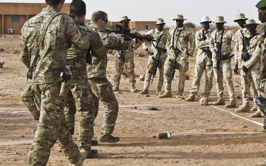 Soldiers from 3rd Special Forces Group (Airborne) train Senegal soldiers on how to clear a room in a glass house during Flintlock 2018 in Tahoua, Niger, April 13, 2018. Defense Secretary Jim Mattis said changes are in the works for how special operations forces are assigned to missions in Africa.