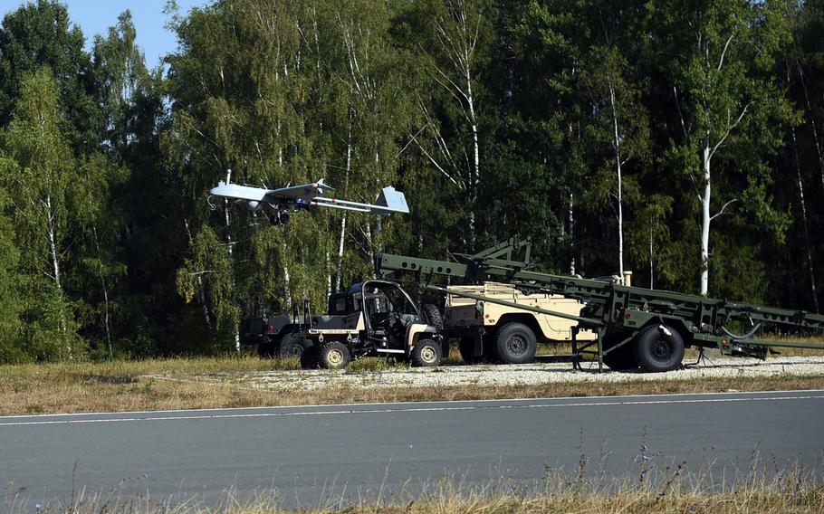 An RQ-7 Shadow launches during the 6th Squadron, 17th Cavalry Regiment's first gunnery training since they arrived in Europe to support Operation Atlantic Resolve, at Grafenwoehr, Germany, Wednesday, Aug. 29, 2018.