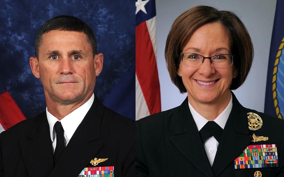 Vice Adm. Andrew Lewis, commander of the U.S. Navy's 2nd Fleet, left, and Vice Adm. Lisa Franchetti, 6th Fleet commander met at the Navy's European headquarters in Naples, Italy, to discuss how they will work together to monitor Russia's increasing activity in the north Atlantic Ocean.