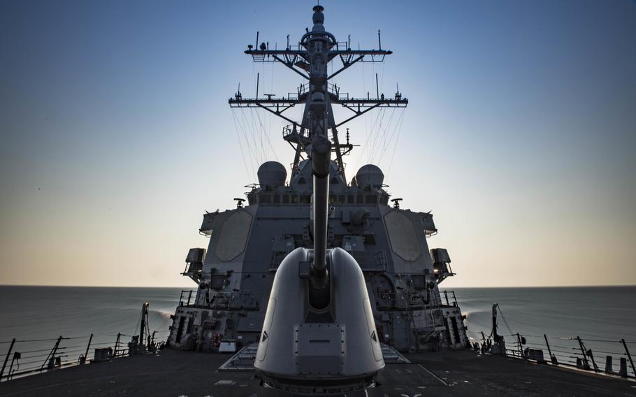 The guided-missile destroyer USS Carney transits the Mediterranean Sea Aug. 1, 2018.