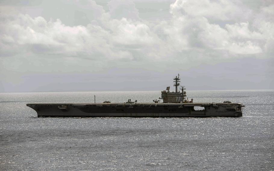 The aircraft carrier USS George H.W. Bush transits the Atlantic Ocean on Aug. 3, 2018. The commanders of the U.S. Navy's 2nd and 6th Fleet, Vice Adm. Andrew Lewis and Vice Adm. Lisa Franchetti, met at the Navy's European headquarters in Naples, Italy, to discuss how they will work together to monitor Russia's increasing activity in the north Atlantic Ocean.