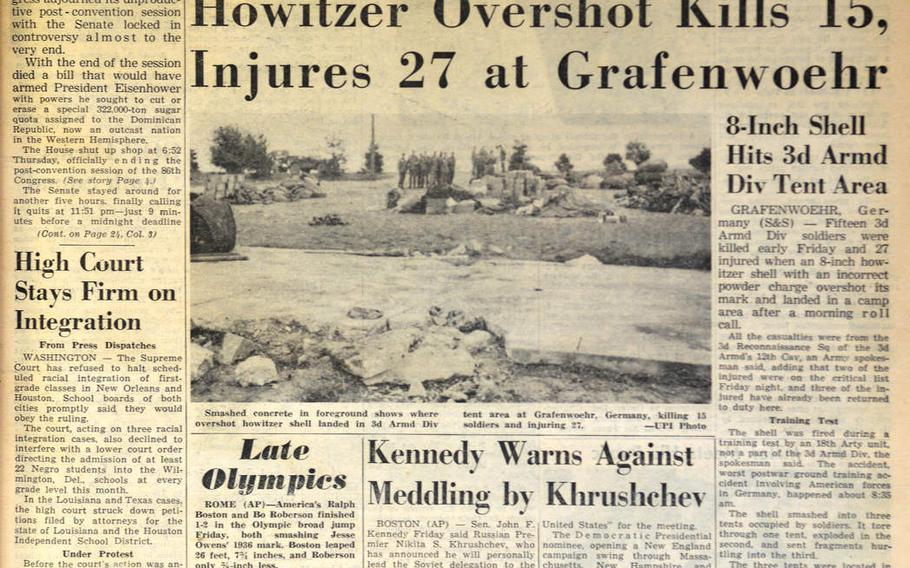 The front page of Stars and Stripes on Sept. 3, 1960.A day earlier an ill-aimed artillery shell caused the deadliest accident in Grafenwoehr Training Area history, when it killed 16 soldiers and wounded another 27
