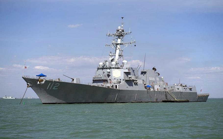 The guided-missile destroyer USS Michael Murphy is anchored in Darwin Harbor for Australian exercise Kakadu 2018, Friday, Aug. 31, 2018.