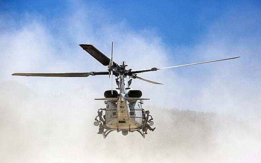 A UH-1Y Venom departs from a beach during an exercise on Okinawa on July 25, 2018.