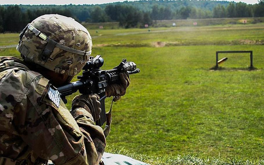 Soldiers from 1st Battalion, 503rd Infantry Regiment qualify with their M4 assault rifles in Grafenwoehr, Germany, Sept. 6, 2018 during the Saber Junction exercise.