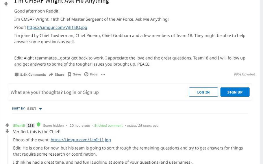 Chief Master Sergeant of the Air Force Kaleth Wright fielded questions from airmen Tuesday night on the popular online forum Reddit. Hundreds of questions popped up over several hours, with Wright answering some and pledging to answer others at a later date.