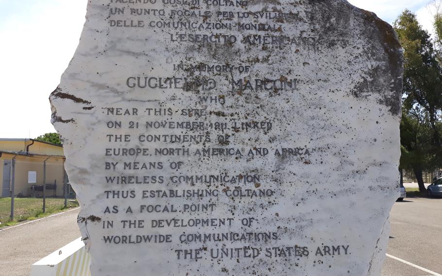 An eight-ton marble monument to inventor and engineer Guglielmo Marconi, credited as the inventor of the radio, is about to be moved for the second time since it was commissioned by U.S. Army signal soldiers in 1973. It was moved in 2012, as shown here, from an abandoned spot on a closed U.S. signal station, to Camp Darby.