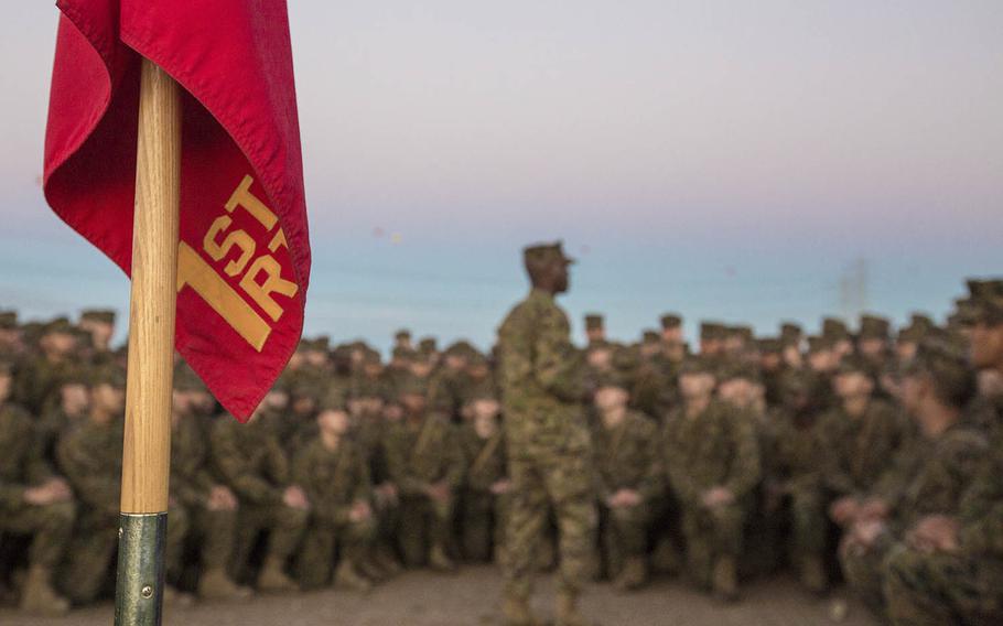 A drill Instructor with Marine Corps Recruit Depot San Diego speaks to recruits at Camp Pendleton, Calif., Feb. 23, 2017.