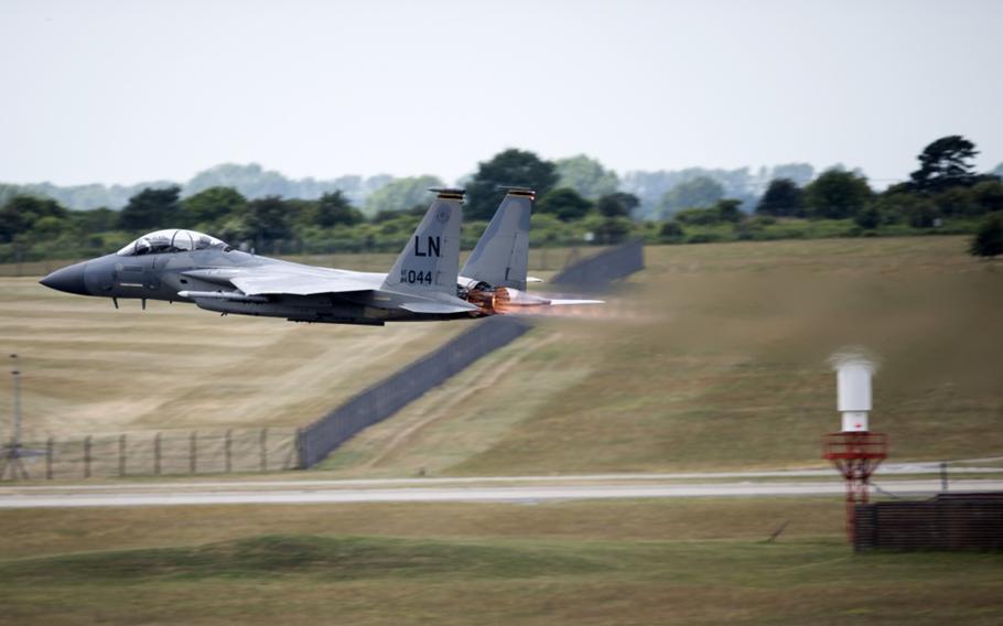 An F-15D takes off at RAF Lakenheath, England, in June of 2018. An F-15D from Lakenheath will join Ukraine for the first-ever Clear Sky exercise, scheduled to take place mid-October, primarily at Starokostiantyniv Air Base, Ukraine.