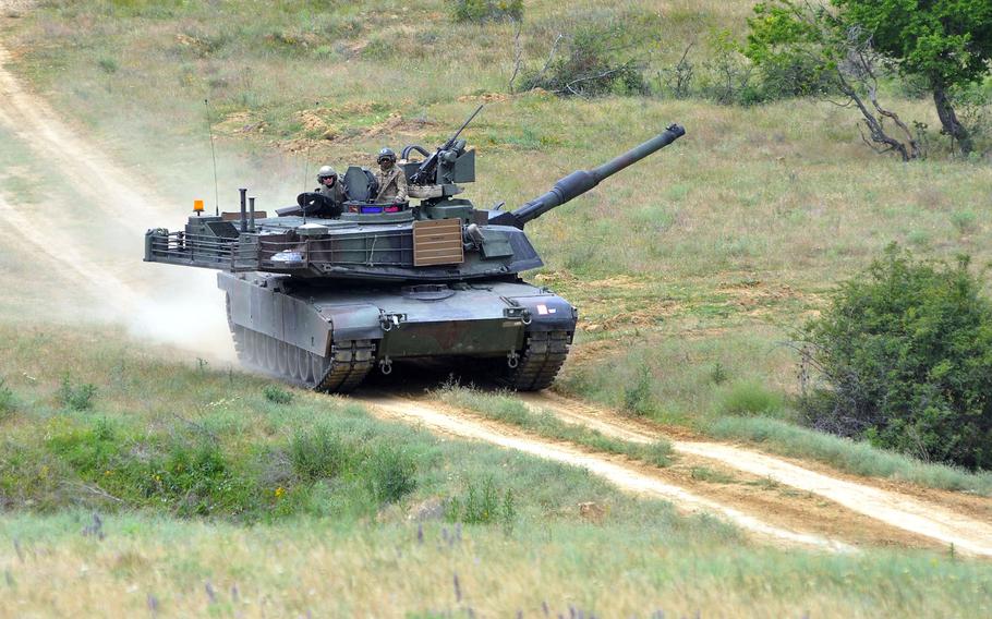 A U.S. Army M1A2 Abrams tank rumbles across Novo Selo Training Area, Bulgaria, following a live-fire exercise.Three U.S. soldiers were injured when their Abrams tank struck an embankment Wednesday during Slovak Shield, a training exercise at Slovakia's Multinational Training Area Lest.