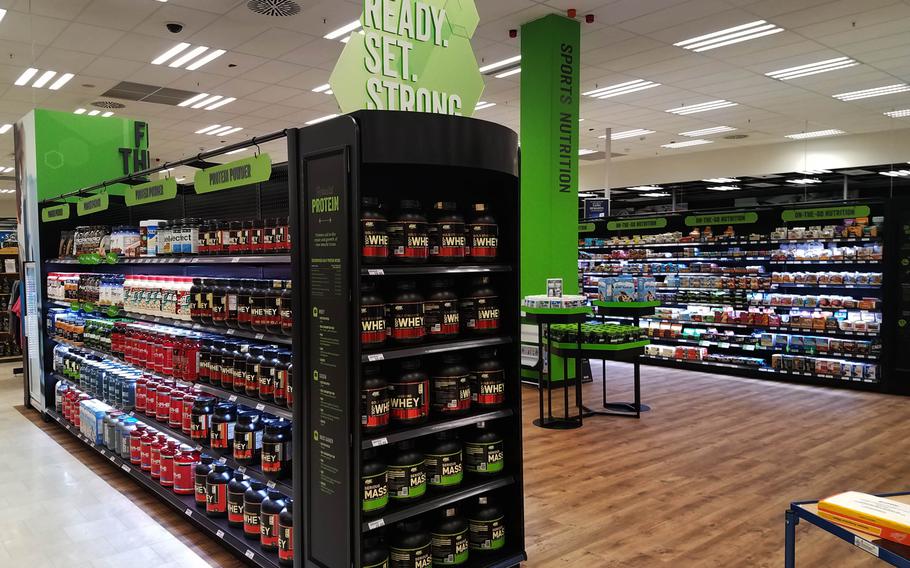 The protein powder section is vast at the new Sports and Nutrition Shop inside the main exchange at Grafenwoehr, Germany, pictured here on Monday, Sept. 24, 2018.