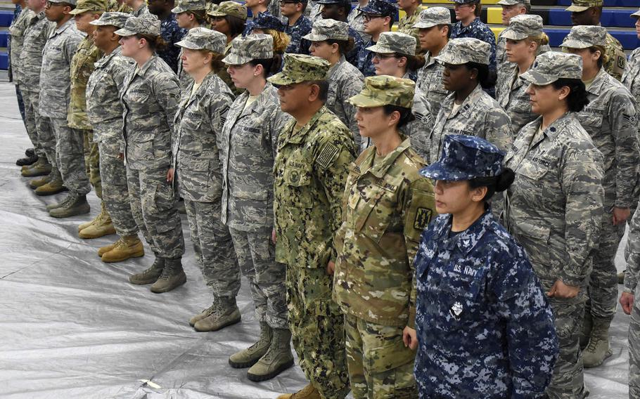 Airmen, Sailors and Soldiers stand in formation June 6, 2018, during the closing ceremony of the Alabama Innovative Readiness Training in Monroeville, Ala. In a new YouGov poll, 50 percent of those queried in the U.S. said everyone in the military is a hero regardless of his or her job.