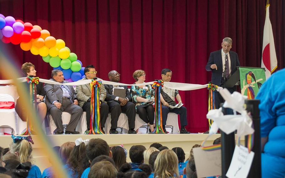 DODEA director Thomas Brady speaks at the official opening of the new Zukeran Elementary School at Camp Foster, Okinawa, Wednesday, Oct. 10, 2018.