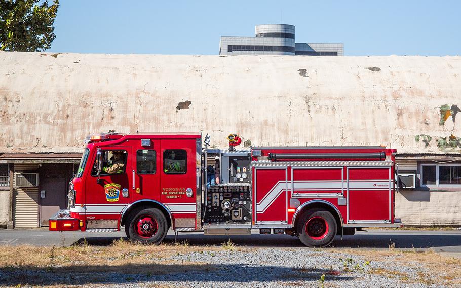 A firetruck is used in an exercise at Yongsan Garrison in Seoul, South Korea, Thursday, Oct. 11, 2018.