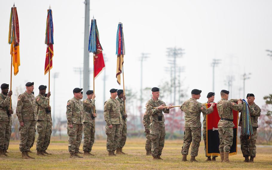 U.S. soldiers take part in a transfer of authority ceremony at Camp Humphreys, South Korea, on Oct. 22, 2018. According to reports on Jan. 12, 2019, U.S. negotiators are asking Seoul to pay roughly 50 percent more towards the cost of hosting U.S. troops on the Korean peninsula.