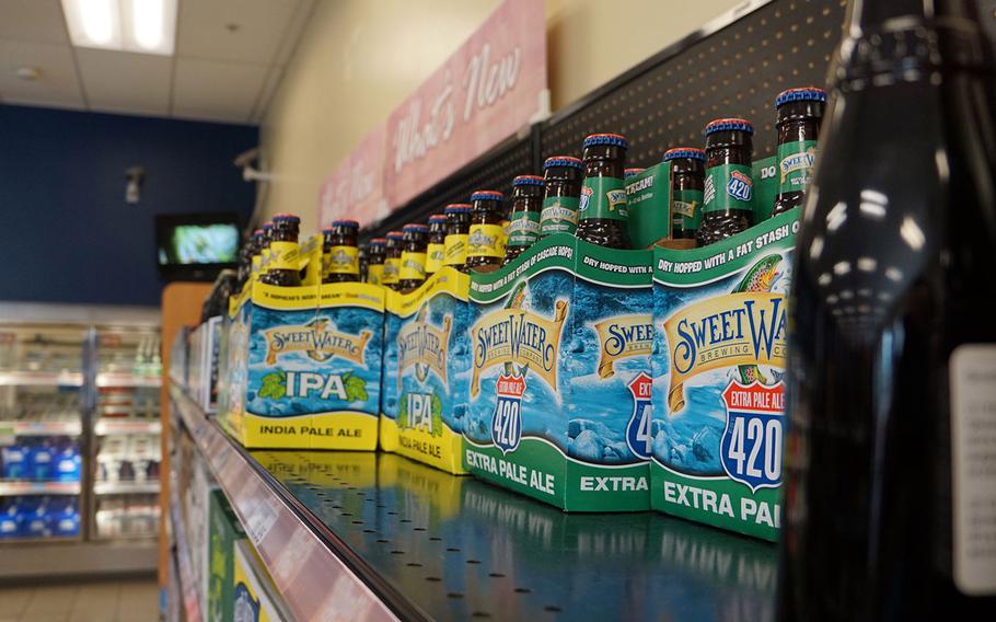 Beer and wine line the racks at a shoppette on Yokota Air Base, Japan, Tuesday, Oct. 23, 2018.