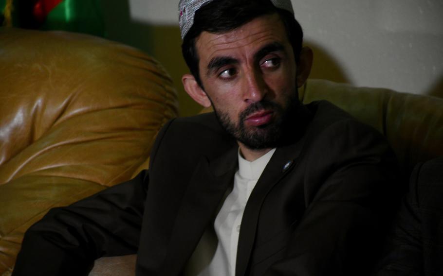 Acting Kandahar police chief Tadeen Khan attends a memorial service on Thursday, Oct. 25, 2018, for his brother, former police chief Gen. Abdul Raziq, who was assassinated a week prior.