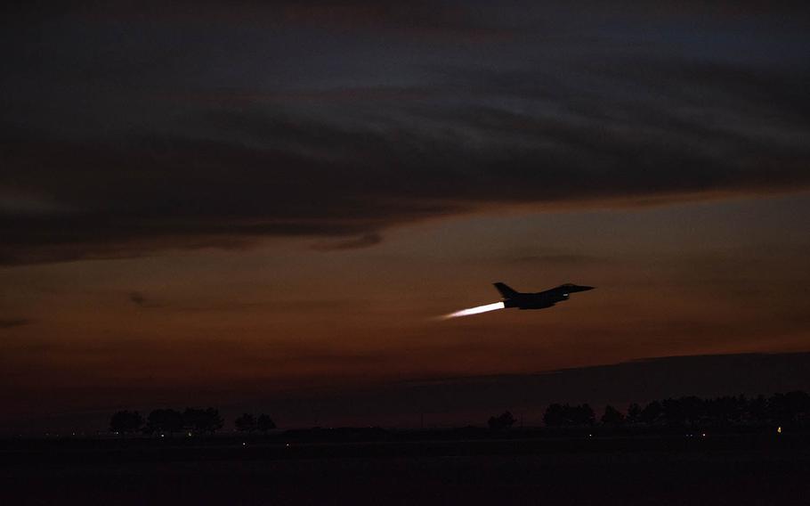 An F-16 Fighting Falcon from the 80th Fighter Squadron takes off from Kunsan Air Base, South Korea, Oct. 4, 2018.
