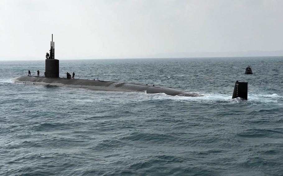 A Los Angeles-class fast-attack submarine participates in Keen Sword drills in waters south of Japan, Oct. 27, 2017.