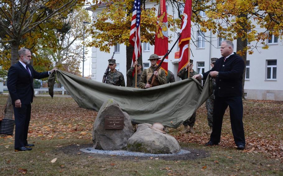 The parade ground at Marine headquarter in Boeblingen, Germany was named ?Devil Dog Field and a memorial was dedicated Thursday for troops who fought in World War I. The memorial features two stones from Belleau Wood France, a legendary battle in which Marines fought. John Reese/U.S. Army