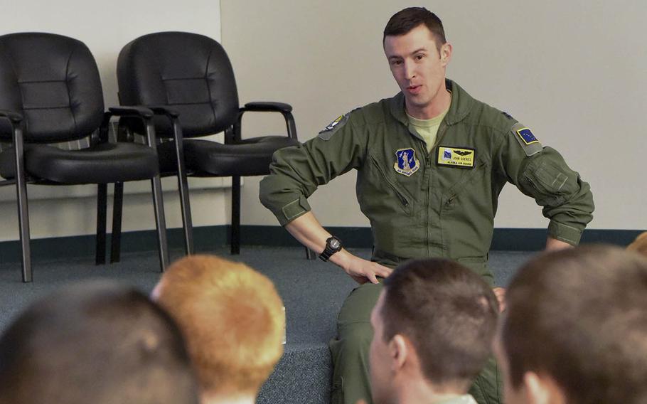 Capt. John Goeres speaks to Air Force Junior Reserve Officer Training Corps cadets at Eielson Air Force Base, Alaska, May 4, 2017. Goeres was pronounced dead earlier last week after being found unresponsive near Guam’s Tumon Bay.