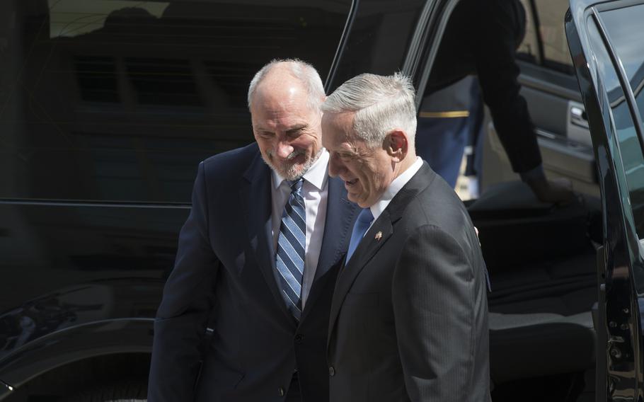 Secretary of Defense Jim Mattis greets Poland Minister of Defense Antoni Macierewicz Sept. 21, 2017, at the Pentagon. Poland has requested that the U.S. set up a permanent military base in the country.