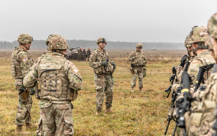 U.S. Army Lt. Col. Donny Hebel, Commander of Battle Group Poland, briefs his troops of following the opening ceremony of the NATO joint training exercise, Anakonda 18 at Bemowo Piskie Training Area, Poland, Nov. 7, 2018.