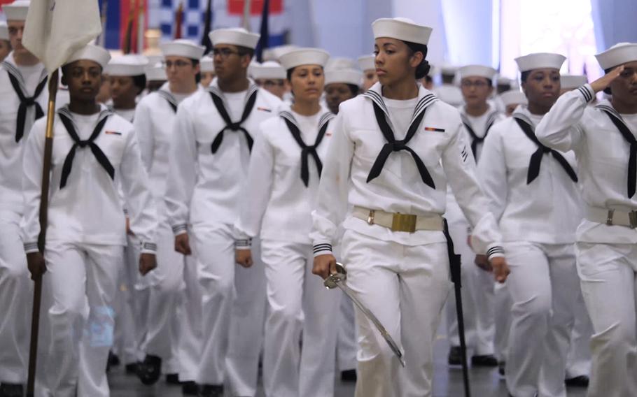 Sailors march during a recent boot camp at Recruit Training Command in Great Lakes, Ill.