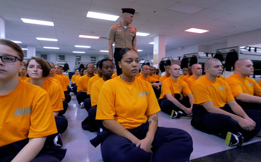 Petty Officer1st Class Joseph Sperry, recruit division commander at Recruit Training Command, speaks to future sailors during a recent boot camp in Great Lakes, Ill.