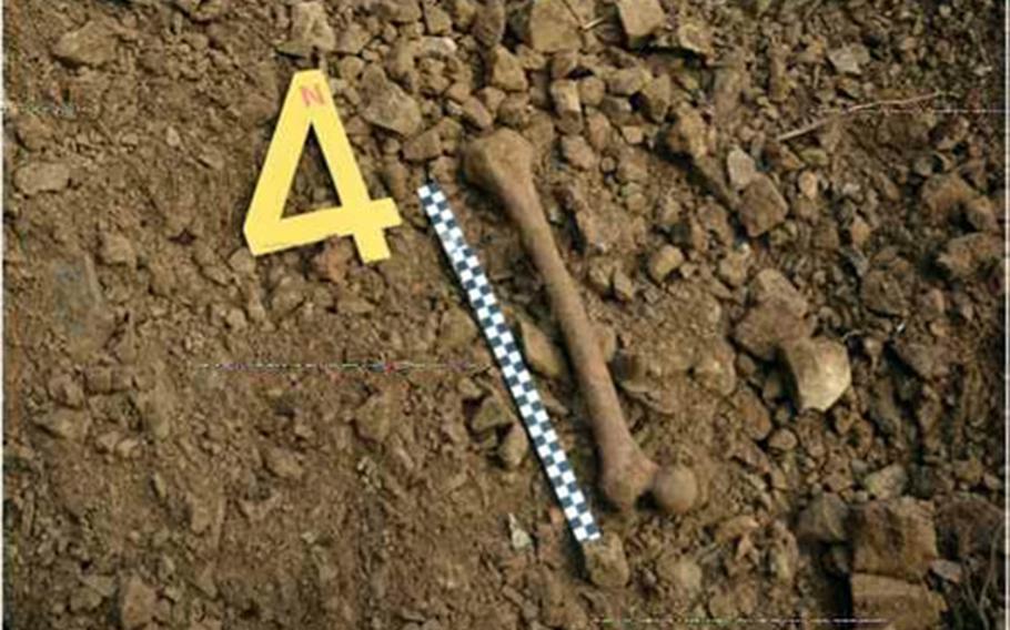 South Korea announced Monday, Nov. 19, 2018, it has found five more sets of remains from troops killed in the 1950-53 Korean War in the Demilitarized Zone. Pictured is a thigh bone.