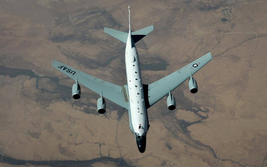 A RC-135V/W Rivet Joint flies above southwest Asia in support of Operation Inherent Resolve Aug. 14, 2017.