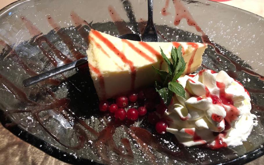 A cheesecake dessert known as the Traumhafte Gisela is served at Sissi und Franz burger restaurant in Kaiserslautern, Germany. At under four euros, the item is one of the lower-priced dessert alternatives to the restaurant's signature shakes, which cost twice as much.