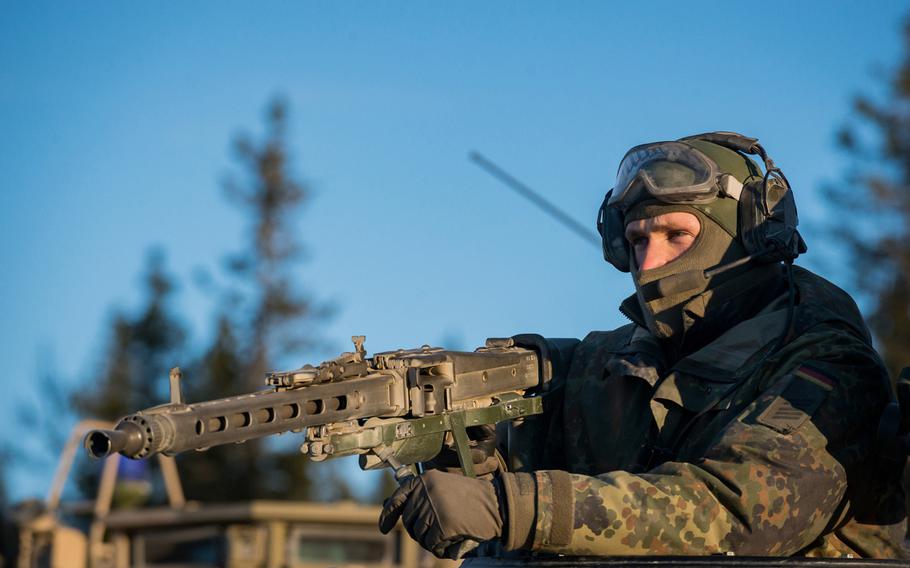 A German corporal with the NATO Readiness Joint Task Force trains with other NATO allies at the Rena training area in Norway on Oct. 27, 2018 during exercise Trident Juncture 18. The leaders of Germany and France have proposed setting up a European army.