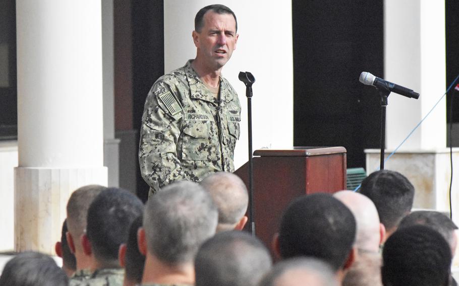 Chief of Naval Operations Adm.John Richardson emphasized the Navy's role in safeguarding Europe in the face of a resurgent Russia during an all hands call on Tuesday, Nov. 21, 2018 in Naples, Italy.