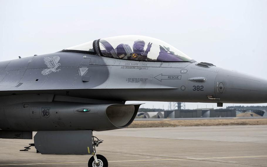 An F-16 prepares for takeoff at Misawa Air Base, Japan, April 18, 2018.
