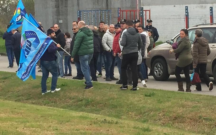 Striking Italian union workers hinder heavy Black Friday traffic going into the Navy Support Site in Naples, Italy on Nov. 23, 2018. Workers are unhappy about Italian employment levels on base and what they say is lack of communication with managers and human resources.