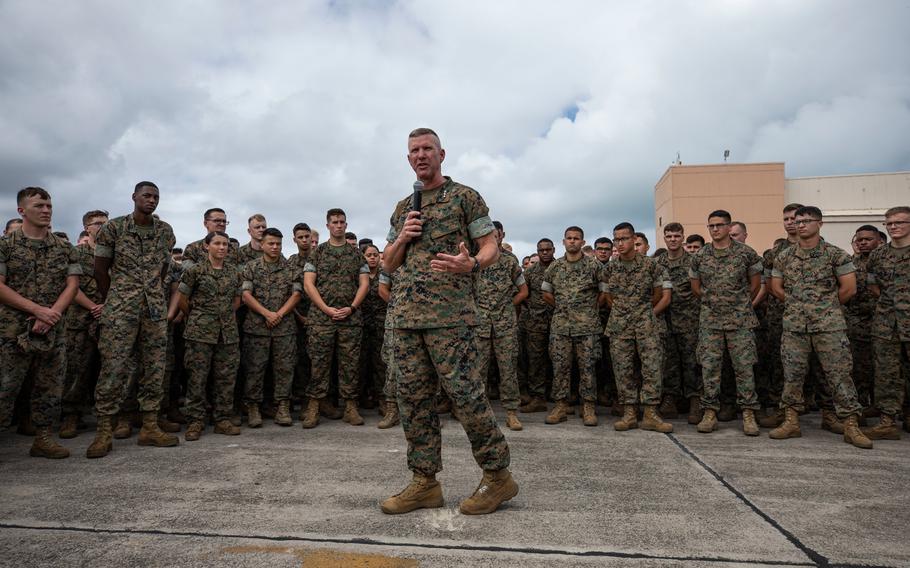 U.S. Marine Corps Lt. Gen. Eric Smith, commander of III Marine Expeditionary Force and Marine Forces Japan, speaks at Marine Corps Base Hawaii, Oct. 25, 2018.
