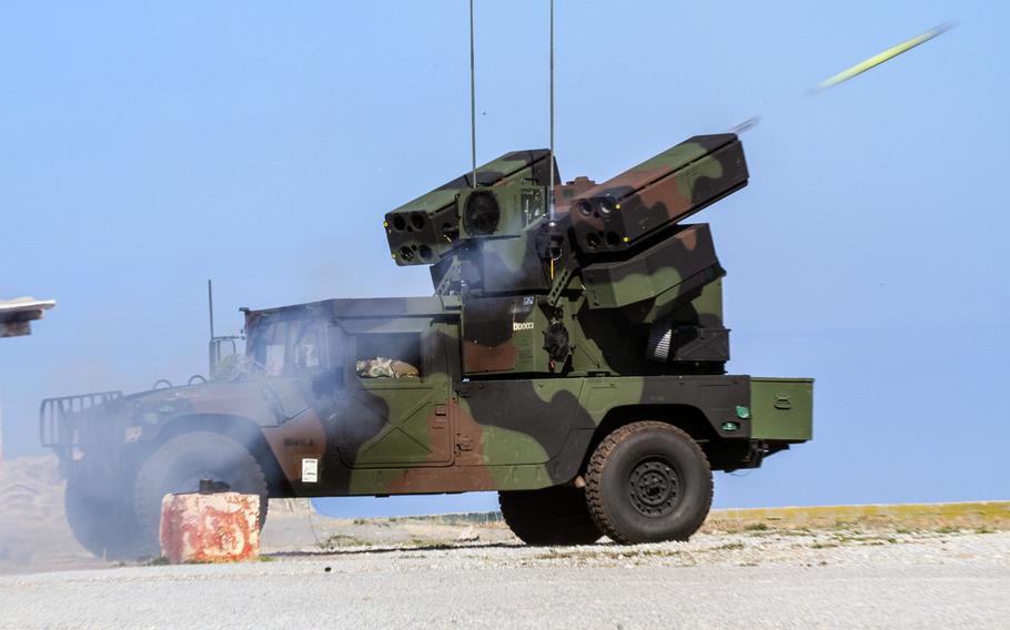 An Avenger unit from 2nd Battalion, 263rd Air Defense Artillery Regiment fires a Stinger missile during Artemis Strike, a live-fire exercise at the NATO Missile Firing Installation on Crete, Nov. 6, 2017, during their rotation in Europe. On Wednesday, the Army stood up a Short Range Air Defense unit in Germany, the first such unit to be stationed in Germany since the 90s.
